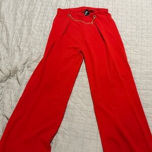 Zara Red Wide Leg Pants with Gold Chain Detail